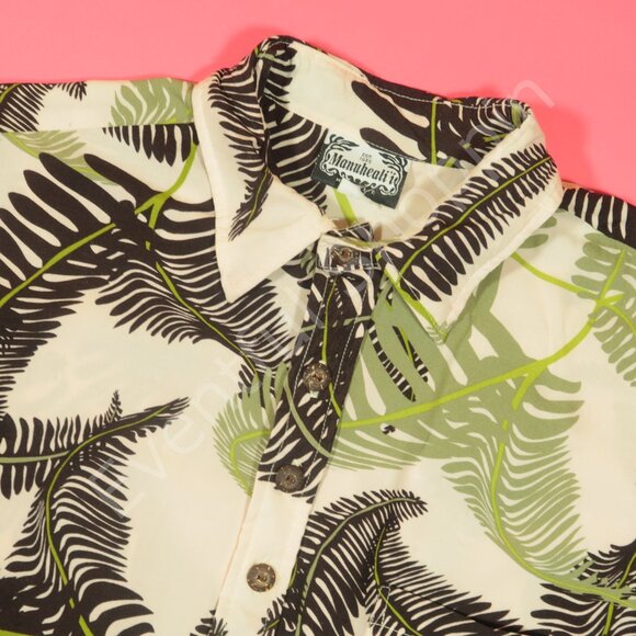 Manuheali'i Hawaiian Shirt Mens L Cream Brown Popover Rayon Vintage 80s - Picture 1 of 6